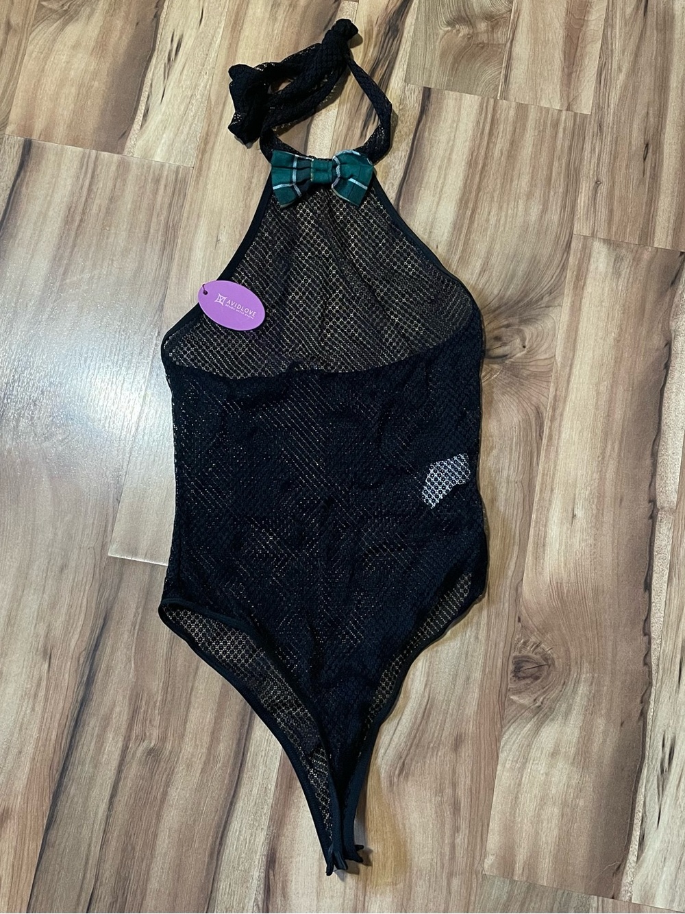 NWT Avidlove Black Mesh Halter Bodysuit with Plaid Bow Detail - Size XS